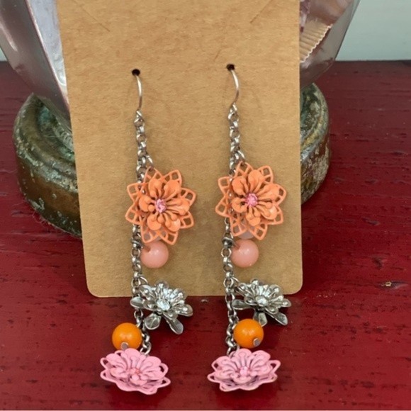 Fashion Jewelry Orange Pink Flower Silver Tone Dangle Earrings # 222 - Picture 4 of 5